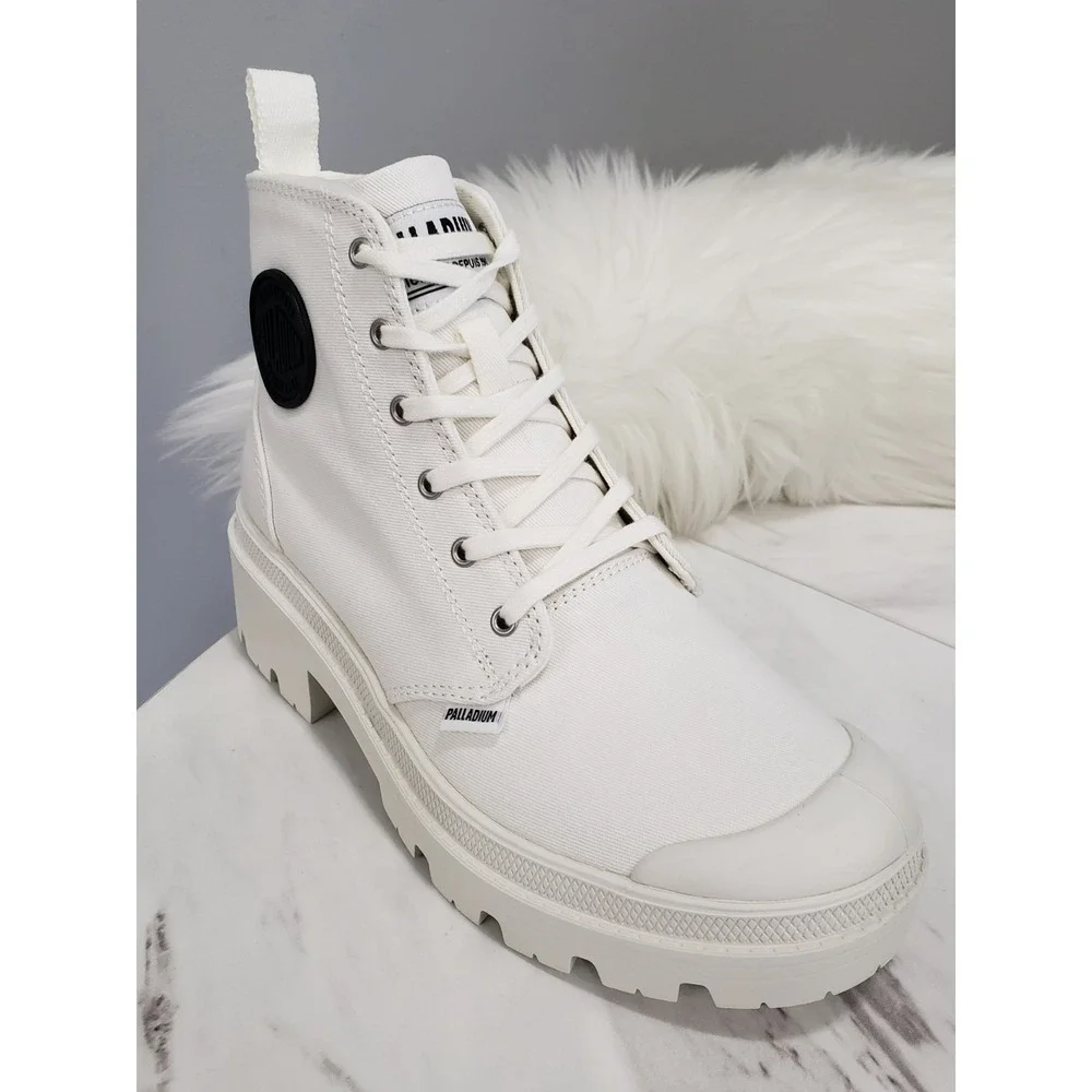 NEW 7.5 PALLADIUM  Pallabase Twill Star White‎ Platform Side-Zip Boots Sneakers